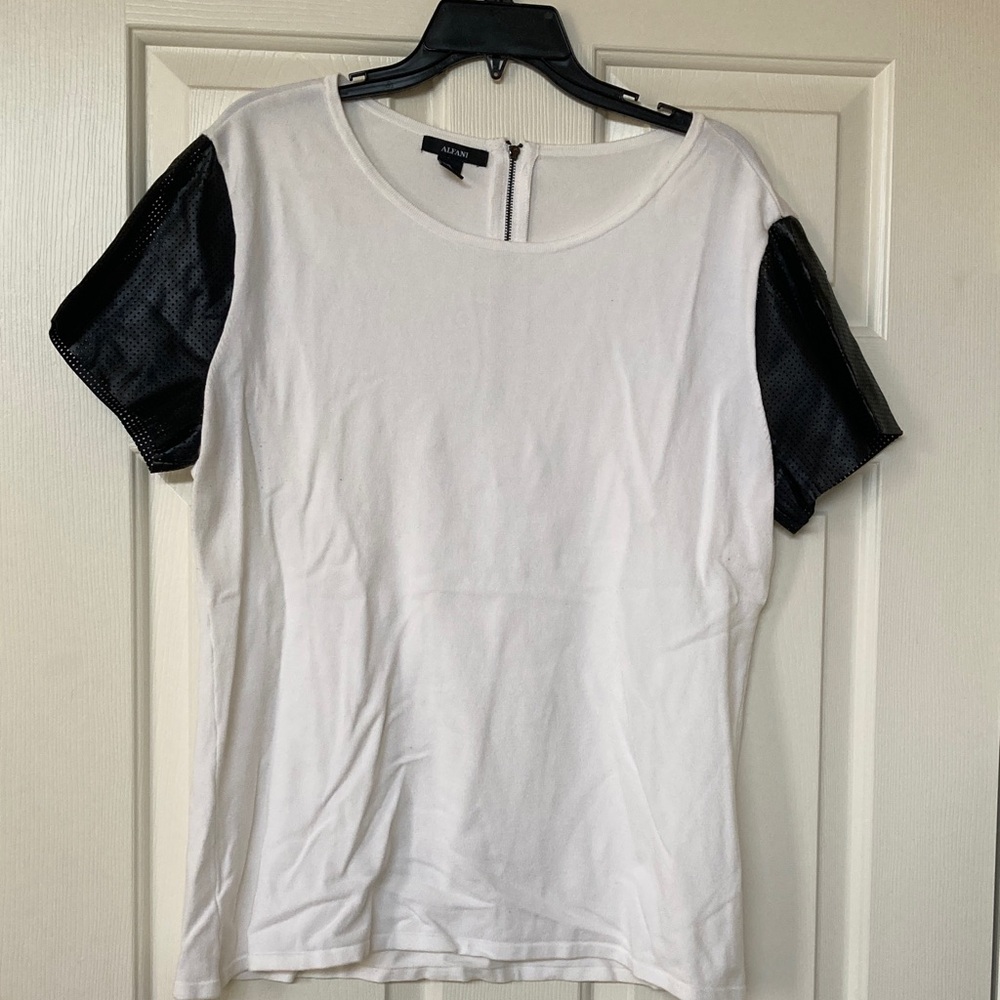 Alfani White Tee with Black Faux-Leather Sleeves